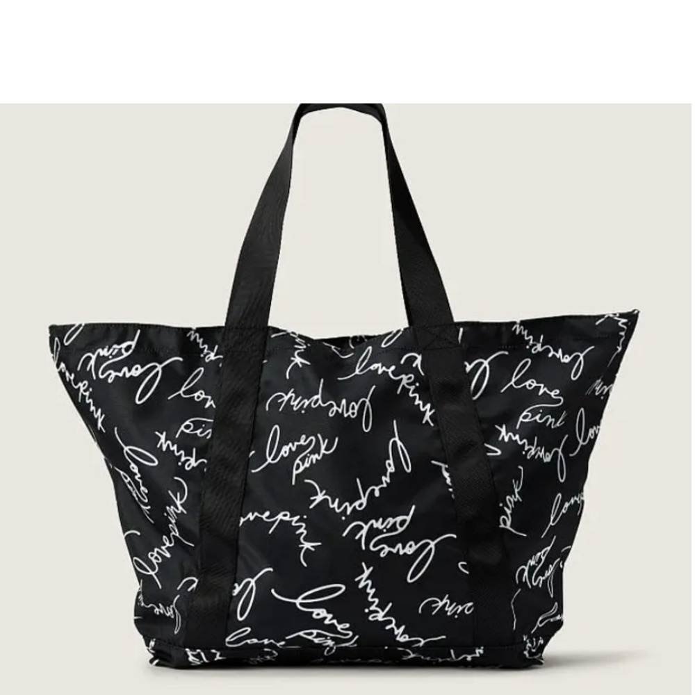 Victoria's Secret Pink Black Script Logo Tote Zip Top Weekender Beach Bag